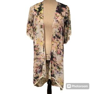 CHIC HAPPENS Topper Kimono Jacket open front Coat White green pink Floral Size S
